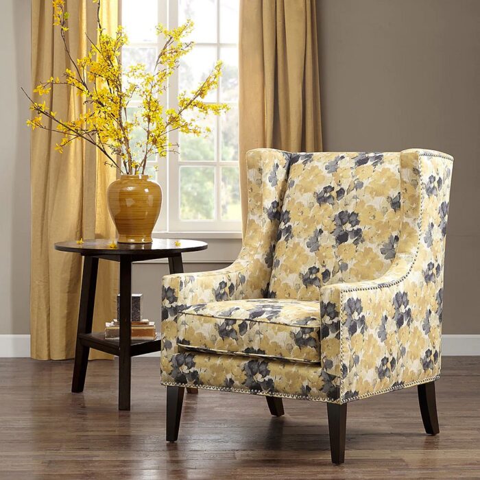 Yellow Floral Pattern Wingback Chair