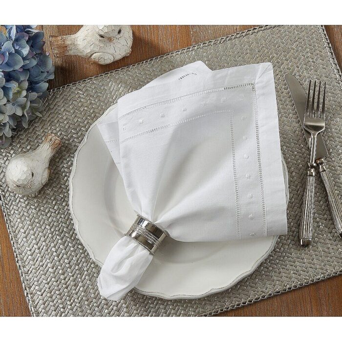 Embroidered Dot and Hemstitched Napkin Set