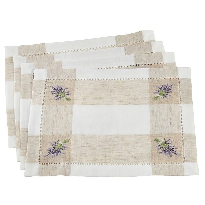 Embroidered Lavender Design Hempstitch Placemats Set