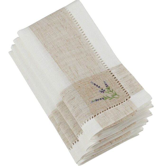 Embroidered Lavender Design Hempstitch Table Napkins Set