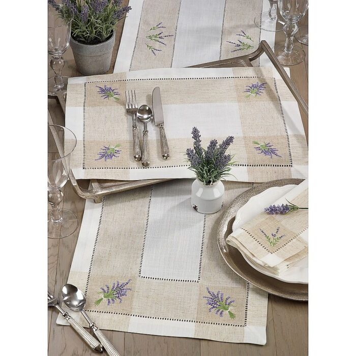 Embroidered Lavender Design Hempstitch Table Napkins Set