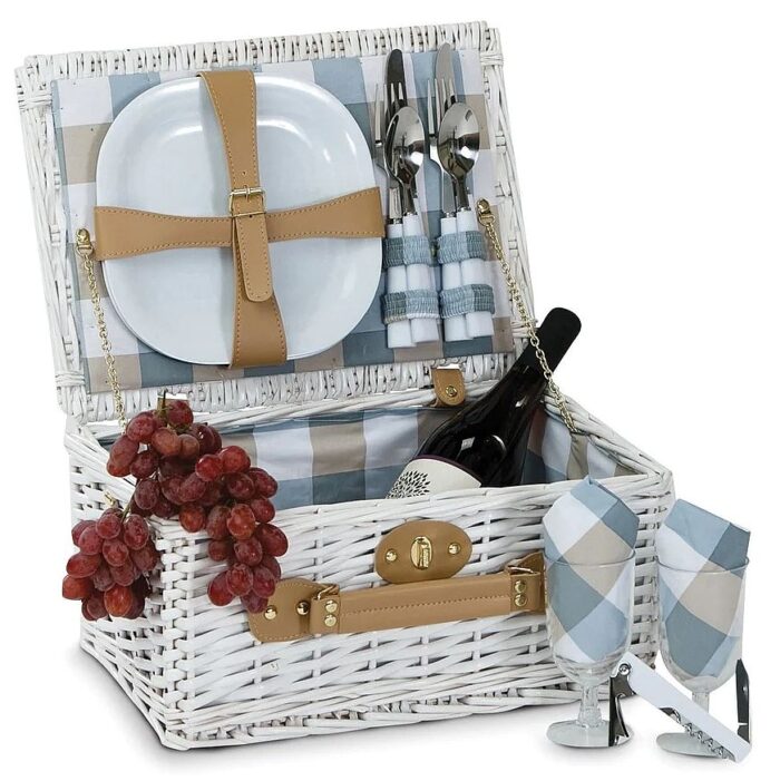 White Handwoven Willow Picnic Basket with Service For 2