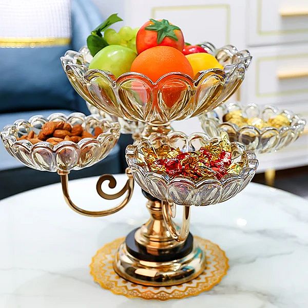 Rotating Multilayer Glass Fruit Basket w Gold Base