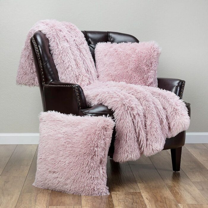 3-Piece Shaggy Faux Fur Throw Blanket & Cushions Set - Pink